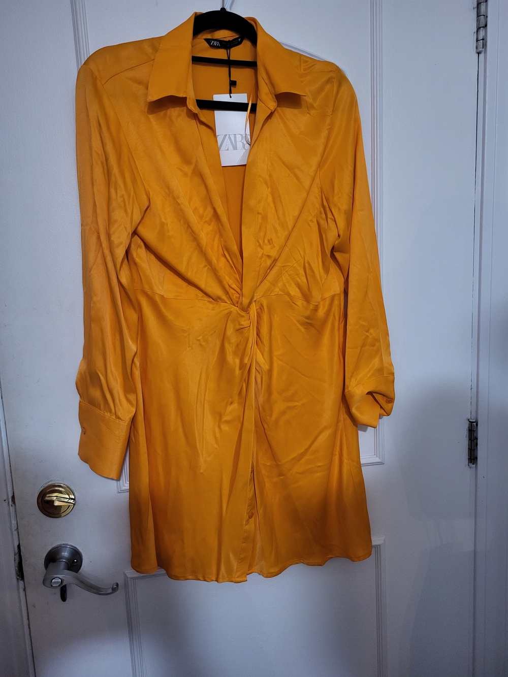 NWT Zara Orange Satin Twist Front Mini Shirt Dress Size Large